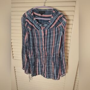 Lane Bryant Navy and Coral Checkered Peplum Blouse
